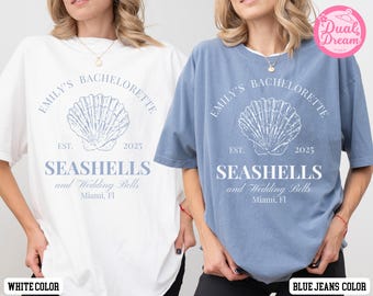 Seashells and Wedding Bells Beach Bachelorette Shirt, Coastal Bach Party Tee, Personalized Bridesmaid Gift, Custom Seashell Wedding Shirt.