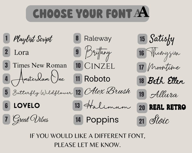May include: A beige graphic with the text "CHOOSE YOUR FONT" and a list of 21 font styles, each with a number. The text "IF YOU WOULD LIKE A DIFFERENT FONT, PLEASE LET ME KNOW" is at the bottom.