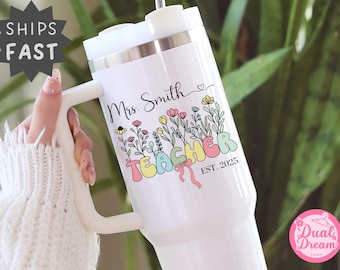 Personalized Teacher Tumbler, Floral Teacher Gift, Custom Name Travel Mug