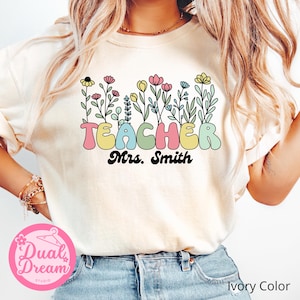 Custom Teacher Floral Comfort Colors Shirt, Retro Pastel Teacher Tee, Back to School Gift, First day of school Shirt, Teacher Appreciation.