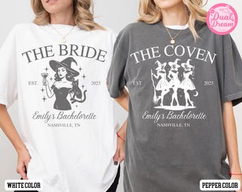 Maglietta personalizzata "Addio al nubilato di Halloween Comfort Colors®", maglietta "Sposa stregata", maglietta per festa nuziale in stile gotico, maglietta "Sposa spettrale o congrega", maglietta da matrimonio