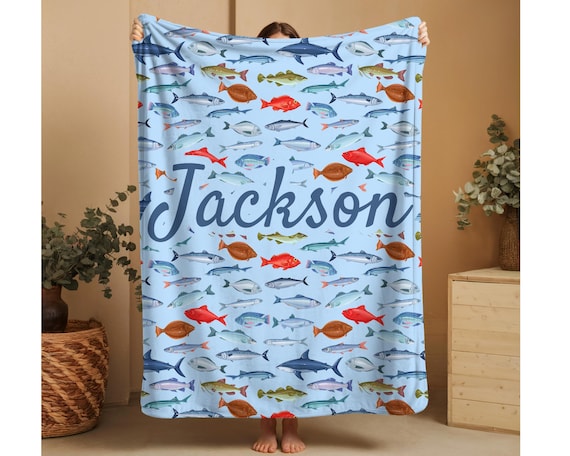 Personalized Fishing Blanket for Boys, Custom Name Blanket, Fish Pattern Baby Blanket, Nautical Kids Throw, Ocean Sea Life Blanket Gift