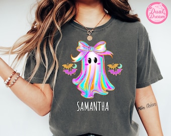 Custom Iridescent Coquette Halloween Girls Ghost Shirt, Cute Little Girl Tee, Girly Spooky T-Shirt, Aesthetic Halloween Outfit, Boo Girls.