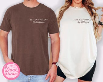 Personalized Roman Numeral Comfort Colors® Shirt Wedding Tee Engagements Custom Anniversary Date Shirt Matching Couples Outfit Honeymoon