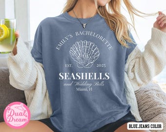Seashells and Wedding Bells Beach Bachelorette Shirt, Coastal Bach Party Tee, Personalized Bridesmaid Gift, Custom Seashell Wedding Shirt.