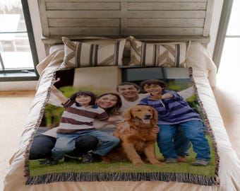 Personalized Photo Woven Blanket Cotton Throw Custom Family Pet Picture Blanket Gift for Dad Mom Grandma Personalized Memorial Blanket Gift.