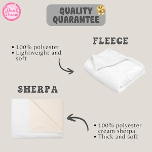 May include: A white fleece blanket and a white and cream sherpa blanket are displayed. The fleece blanket is made of 100% polyester and is lightweight and soft. The sherpa blanket is 100% polyester cream sherpa, thick and soft. The image includes the text "QUALITY QUARANTEE".