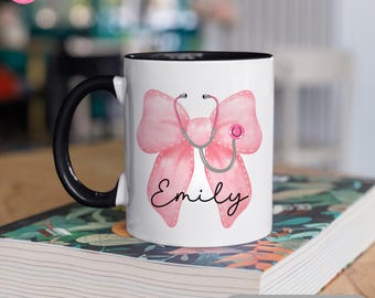 Personalized Nurse Mug with Pink Coquette Bow & Stethoscope, Custom Nurse Mug, Personalized Nurse Coffee Mug, Nurse Christmas Birthday gift.