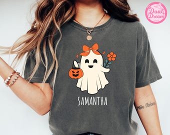 Custom Iridescent Coquette Halloween Girls Ghost Shirt, Cute Little Girl Tee, Girly Spooky T-Shirt, Aesthetic Halloween Outfit, Boo Girls.