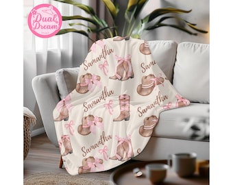 Personalized Cowgirl Baby Blanket With Name, Western Boots And Bows Design, Custom Pink Newborn Swaddle, Christmas Gift For Baby Girl Shower