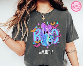 Custom Iridescent Coquette Halloween Girls Ghost Shirt, Cute Little Girl Tee, Girly Spooky T-Shirt, Aesthetic Halloween Outfit, Boo Girls.