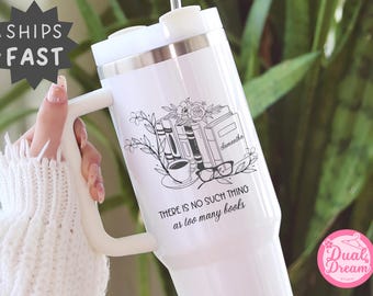 Personalized 40oz Book Lover Tumbler with Handle & Straw, Custom Name Mug for Readers, Book Club Gift, Too Many Books Coffee Cup, Librarian.