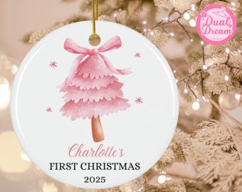 Personalized Baby Girl First Christmas Ornament 2025, Pink Bow Tree Keepsake with Name, Custom Newborn Holiday Gift, My First Xmas for Girls