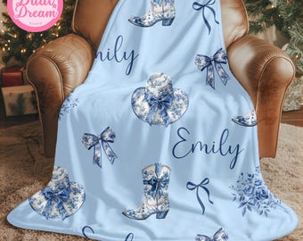 Personalized Coquette Cowgirl Blanket, Blue Bows Boots Hats Coquette Blanket, Coastal Cowgirl Western Aesthetic, Chinoiserie Cowgirl Blanket