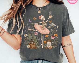 Comfort Colors Coffee Lover Halloween Shirt, Skeleton Coffee Tee, Coquette Wildflower Cottagecore Shirt, Spooky Fall Coffee Gift
