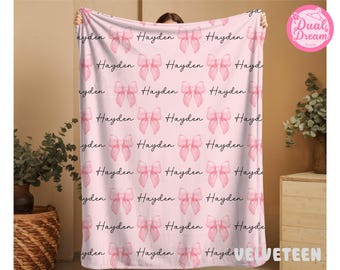 Personalized Bow Blanket, Coquette Blanket Gift for Her, Cute Bedroom Decor, Pink bow blanket, Custom with Name & Pink Coquette Bow Pattern.