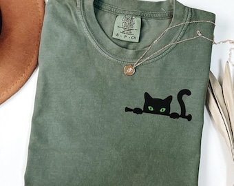 Comfort Colors Pocket Black Cat Shirt, Halloween Shirt, Cat Lover Gift, Cat Mom Shirt, Cat Lover Shirt gift, Cat Peeking Shirt, Kitten Shirt