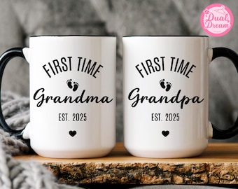 Promoted To Grandma Grandpa Mug Est 2025, Pregnancy Announcement Gift For New Grandparents, First Time Grandma Grandpa Christmas Cup Set.