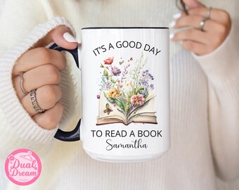 È una bella giornata per leggere una tazza con un libro, tazza da libreria floreale personalizzata, regalo per gli amanti dei libri per insegnanti, bibliotecari, lettori, tazza da caffè per amanti dei libri.