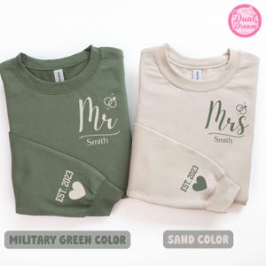 Personalized Mr & Mrs Family Name Sweatshirt, Bridal Party Outfit, Honeymoon Wedding Gifts For Couple, Custom Matching Wifey Hubby Hoodie.