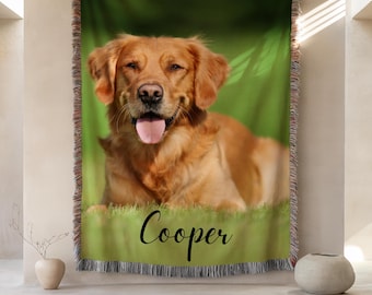 Custom Woven Pet Blanket with Photo & Name, Dog Cat Horse Throw, Personalized Pet Memorial Gift, Pet Lover Blanket with Text, Animal photo.