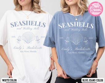 Seashells and Wedding Bells Beach Bachelorette Shirt, Coastal Bach Party Tee, Personalized Bridesmaid Gift, Custom Seashell Wedding Shirt.