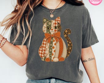 Faux Patchwork Halloween Cat Shirt, Gingham Black Cat Tee, Printed Patchwork Cat, Comfort Colors Fall Shirt, Coquette Autumn Tee