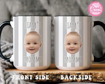 Personalized Photo Baby Face Mug, Custom Stripe Baby Picture Cup, Mothers Day Gift, New Grandparents Mug Keepsake, New Mom Dad Coffee Gift.