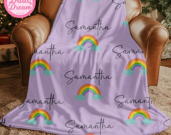 Personalized Rainbow Blanket: Custom Name Velveteen Plush Throw