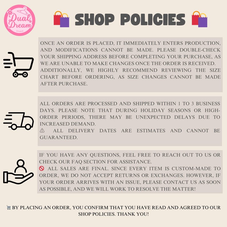 May include: Shop policies graphic with text. The text includes information about order modifications, shipping, and returns. The graphic features a logo, shopping cart, delivery truck, and a person with hands icon.