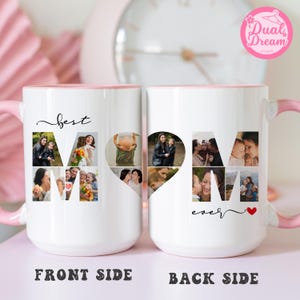 K&ouml;nnte beinhalten: Wei&szlig;er Keramikbecher mit rosa Griff und Rand. Die Vorderseite zeigt "best MOM" mit Fotos in den Buchstaben. Die R&uuml;ckseite zeigt "MOM ever" mit Fotos in den Buchstaben und einem roten Herzen. Der Becher ist ein personalisiertes Geschenk.