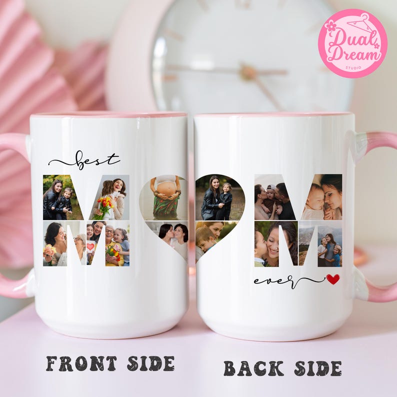 K&ouml;nnte beinhalten: Wei&szlig;er Keramikbecher mit rosa Griff und Rand. Die Vorderseite zeigt "best MOM" mit Fotos in den Buchstaben. Die R&uuml;ckseite zeigt "MOM ever" mit Fotos in den Buchstaben und einem roten Herzen. Der Becher ist ein personalisiertes Geschenk.