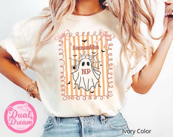 Custom Halloween Nurse shirt, Ghost with Bow & Name, Coquette Spooky Season Tee, Preppy Halloween Ghost, Retro Halloween Sweater, NP RN LPN