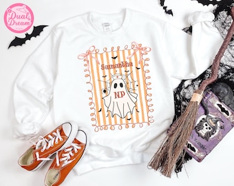 Custom Halloween Nurse Sweatshirt, Ghost with Bow & Name, Coquette Spooky Season, Preppy Halloween Ghost, Retro Halloween Sweater, NP RN LPN