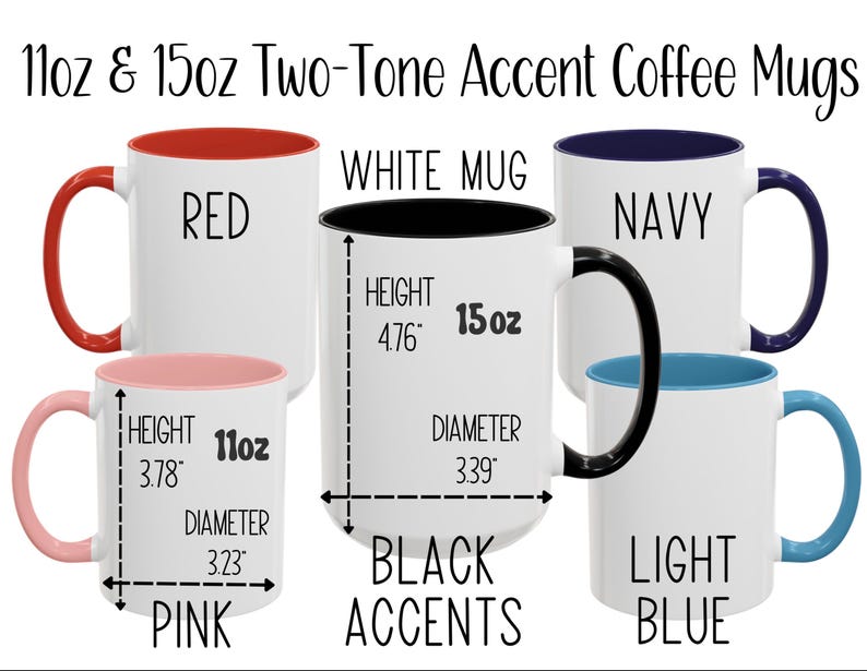 K&ouml;nnte beinhalten: Wei&szlig;e zweifarbige Kaffeebecher mit roten, marineblauen, rosa, schwarzen und hellblauen Akzenten. Der 11oz-Becher ist 9,6 cm hoch und hat einen Durchmesser von 8,2 cm. Der 15oz-Becher ist 12,1 cm hoch und hat einen Durchmesser von 8,6 cm.