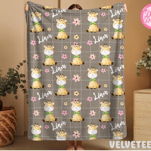Personalized Giraffe Baby Blanket with Name, Floral Jungle Animal Blanket for Boys, Custom Baby Shower Gift, Baby name blanket, Newborn Gift