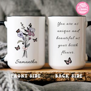 Personalized Coquette Birth Flower Mug with name, Custom Floral Bouquet Coffee Mug, Gift For Mom, Birthday Gift for Her, Best Friend Cup.