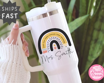 Personalized Teacher Tumbler, Rainbow Pencil Design, Custom Name Gift
