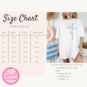 May include: A white Comfort Colors 1717 t-shirt is shown with a size chart and the Dual Dream Studio logo. The size chart lists measurements in inches for length, width, and sleeve length for sizes S through 3XL. The model is wearing a 2XL.