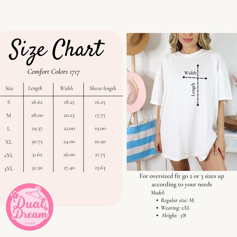 May include: A white Comfort Colors 1717 t-shirt is shown with a size chart and the Dual Dream Studio logo. The size chart lists measurements in inches for length, width, and sleeve length for sizes S through 3XL. The model is wearing a 2XL.