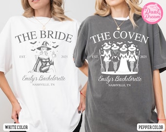 Maglietta personalizzata "Addio al nubilato di Halloween Comfort Colors®", maglietta "Sposa stregata", maglietta per festa nuziale in stile gotico, maglietta "Sposa spettrale o congrega", maglietta da matrimonio