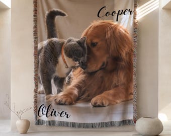 Custom Woven Pet Blanket with Photo & Name, Dog Cat Horse Throw, Personalized Pet Memorial Gift, Pet Lover Blanket with Text, Animal photo.