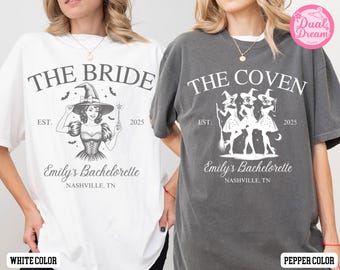 Maglietta personalizzata "Addio al nubilato di Halloween Comfort Colors®", maglietta "Sposa stregata", maglietta per festa nuziale in stile gotico, maglietta "Sposa spettrale o congrega", maglietta da matrimonio