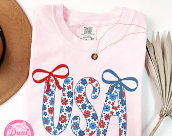 Comfort Colors® Coquette USA Shirt, 4th of July Shirt Women, USA Flag Shirts, Floral Patriotic Shirt, Red White Blue, America tee, USA Bow