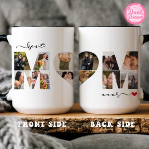 K&ouml;nnte beinhalten: Wei&szlig;er Keramikbecher mit schwarzem Griff und Rand, mit dem Wort "MOM" aus Familienfotos zusammengesetzt. Die Vorderseite sagt "best" und die R&uuml;ckseite sagt "ever" mit einem Herzsymbol. Ein nachdenkliches Geschenk.