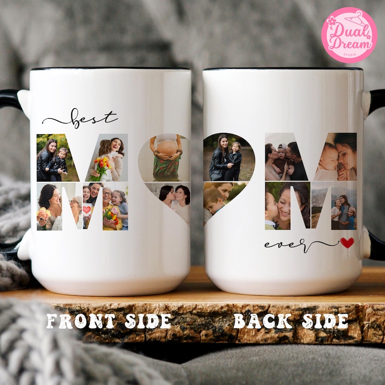 K&ouml;nnte beinhalten: Wei&szlig;er Keramikbecher mit schwarzem Griff und Rand, mit dem Wort "MOM" aus Familienfotos zusammengesetzt. Die Vorderseite sagt "best" und die R&uuml;ckseite sagt "ever" mit einem Herzsymbol. Ein nachdenkliches Geschenk.