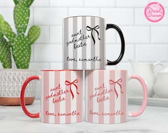 Benutzerdefinierte Patin Vorschlag Becher, Geschenk für neue Tante Patin Bow Kaffeetasse, Taufe Patin, Patin Geburtstag, personalisierte Schwangerschaft offenbaren