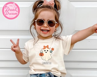 Custom Iridescent Coquette Halloween Girls Ghost Shirt, Cute Little Girl Tee, Girly Spooky T-Shirt, Aesthetic Halloween Outfit, Boo Girls.