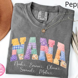 Personalized Nana Faux Quilt Shirt with Kids Names – Custom Comfort Colors Tee