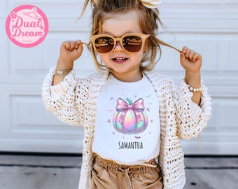 Custom Iridescent Coquette Halloween Girls Ghost Shirt, Cute Little Girl Tee, Girly Spooky T-Shirt, Aesthetic Halloween Outfit, Boo Girls.